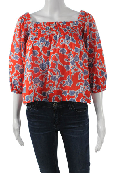 LaRoque Womens Multicolor Floral Square Neck Blouse 3/4 Sleeve Cotton Size S