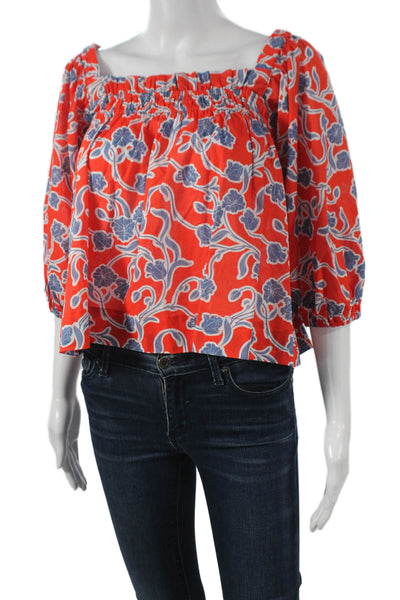 LaRoque Womens Multicolor Floral Square Neck Blouse 3/4 Sleeve Cotton Size S