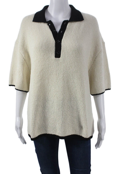 Zara Women Henley Sweater Ivory Short Sleeve Collared Size M