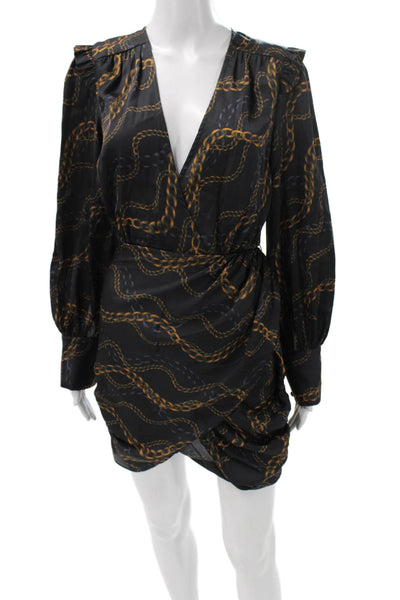 L'Academie Women Wrap Dress Black Chain Print V-Neck Long Sleeve Knee Size XS