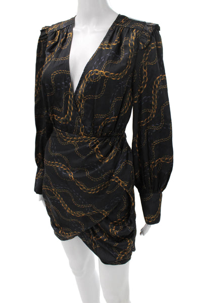 L'Academie Women Wrap Dress Black Chain Print V-Neck Long Sleeve Knee Size XS