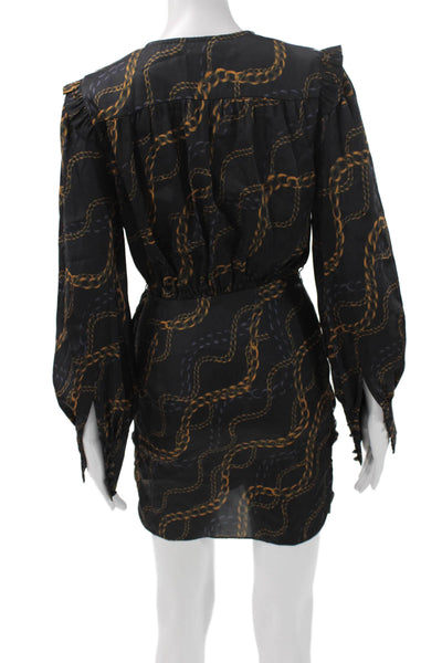 L'Academie Women Wrap Dress Black Chain Print V-Neck Long Sleeve Knee Size XS