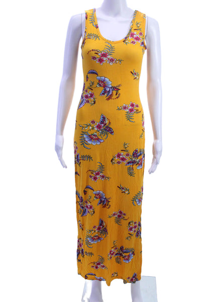 Pink Rose Womens Yellow Floral Maxi Dress Sleeveless Scoop Neck Rayon Size XS
