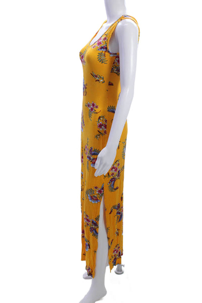 Pink Rose Womens Yellow Floral Maxi Dress Sleeveless Scoop Neck Rayon Size XS