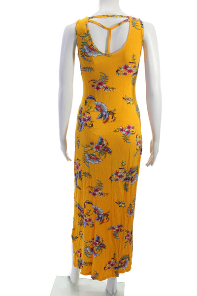 Pink Rose Womens Yellow Floral Maxi Dress Sleeveless Scoop Neck Rayon Size XS