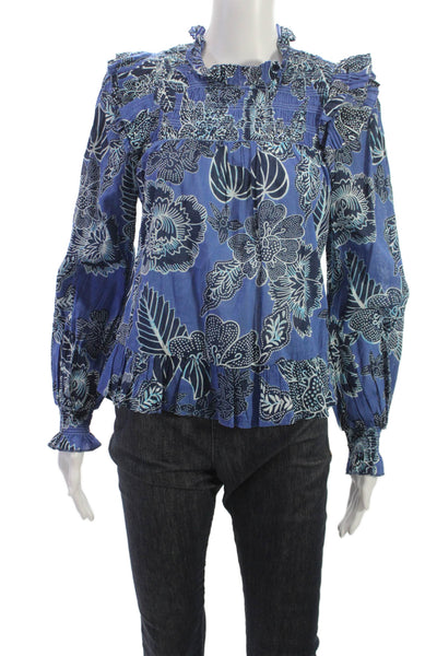 Love The Label Women Floral High Neck Button Cotton Blouse Long Sleeve Size XS