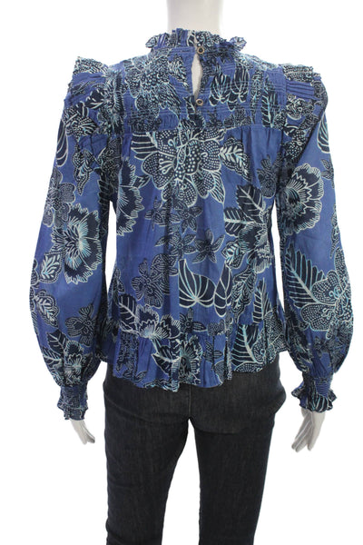 Love The Label Women Floral High Neck Button Cotton Blouse Long Sleeve Size XS