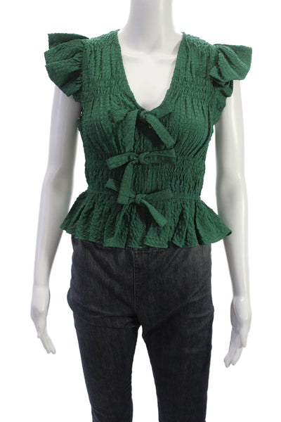 Sea New York Women Cropped Green V-Neck Cap Sleeve Blouse Size XS