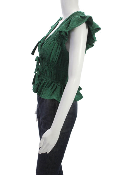 Sea New York Women Cropped Green V-Neck Cap Sleeve Blouse Size XS