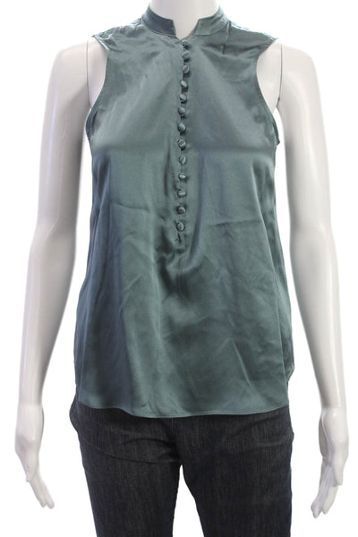 Go By GoSilk Women Silk High Neck Sleeveless Button Blouse Green Size XS