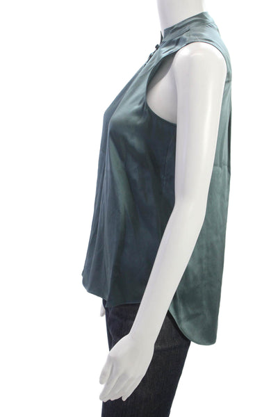 Go By GoSilk Women Silk High Neck Sleeveless Button Blouse Green Size XS