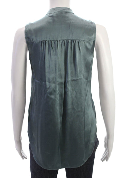 Go By GoSilk Women Silk High Neck Sleeveless Button Blouse Green Size XS