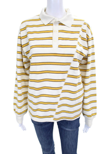 Zara Women Collared Striped Cotton Polo Long Sleeve Button Ivory Size S