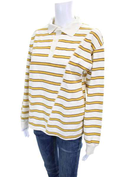 Zara Women Collared Striped Cotton Polo Long Sleeve Button Ivory Size S