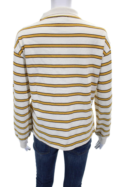 Zara Women Collared Striped Cotton Polo Long Sleeve Button Ivory Size S