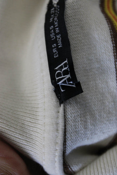 Zara Women Collared Striped Cotton Polo Long Sleeve Button Ivory Size S