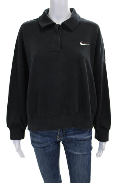 Nike Women Black Cotton Blend Pullover Sweatshirt Long Sleeve Collared Size 2XL