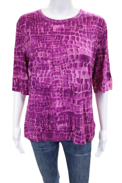 St. John Womens Purple Rayon Geometric Crew Neck Short Sleeve T-Shirt Size L
