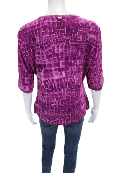 St. John Womens Purple Rayon Geometric Crew Neck Short Sleeve T-Shirt Size L