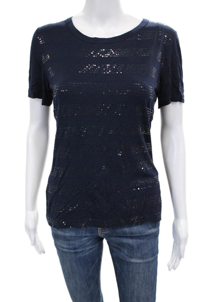 St. John Women Basic Blue Short Sleeve Crew Neck Striped T-Shirt Size M