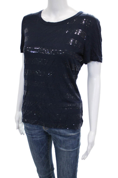 St. John Women Basic Blue Short Sleeve Crew Neck Striped T-Shirt Size M