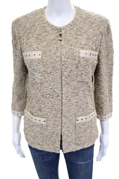 St. John Collection Women Knit Beige Basic Jacket Zip 3/4 Sleeve Size 10