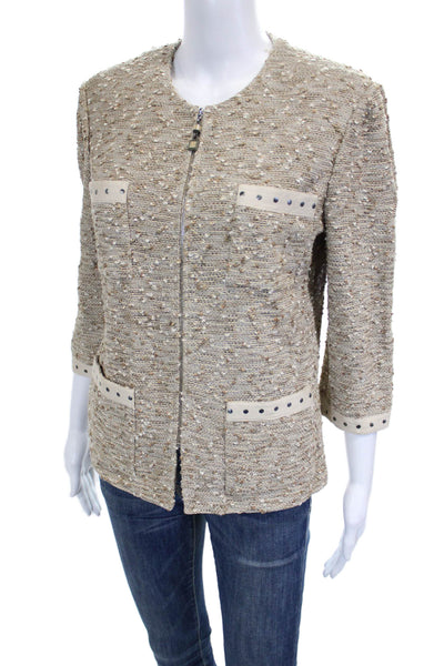 St. John Collection Women Knit Beige Basic Jacket Zip 3/4 Sleeve Size 10