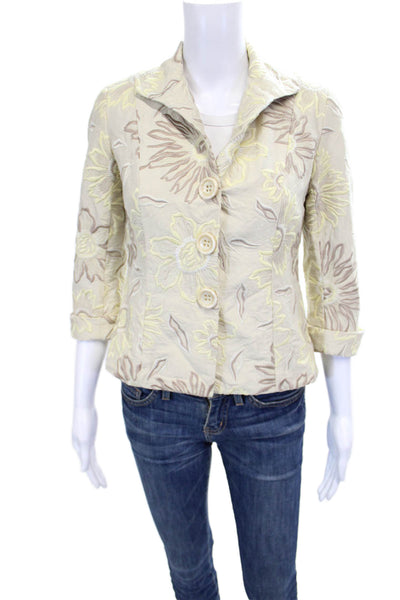 Lafayette 148 New York Women Silk Floral Blazer Beige Button 3/4 Sleeve Size 2P