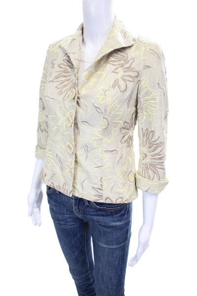 Lafayette 148 New York Women Silk Floral Blazer Beige Button 3/4 Sleeve Size 2P