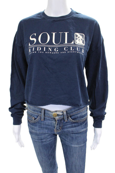 Soul Women Cropped Blue Cotton Long Sleeve T-Shirt Crew Neck Size S