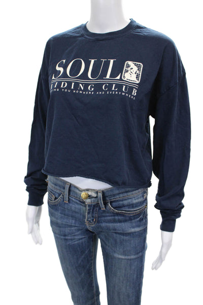 Soul Women Cropped Blue Cotton Long Sleeve T-Shirt Crew Neck Size S