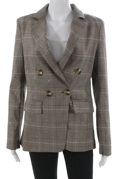 Theo Womens Plaid Brown Polyester Blazer Button Long Sleeve Size S