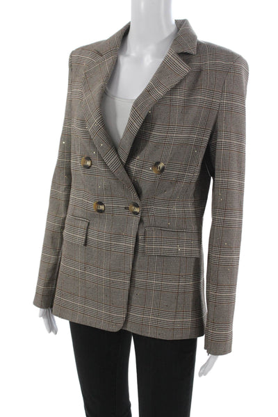 Theo Womens Plaid Brown Polyester Blazer Button Long Sleeve Size S