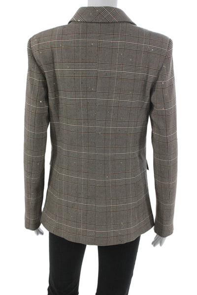 Theo Womens Plaid Brown Polyester Blazer Button Long Sleeve Size S