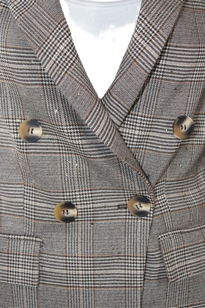 Theo Womens Plaid Brown Polyester Blazer Button Long Sleeve Size S