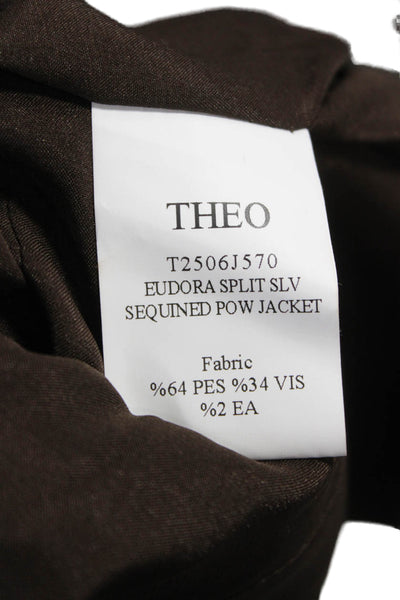 Theo Womens Plaid Brown Polyester Blazer Button Long Sleeve Size S