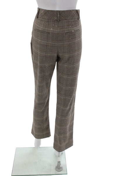 Theo Womens Cropped Plaid Pants Brown Zip Inseam 32 Size L