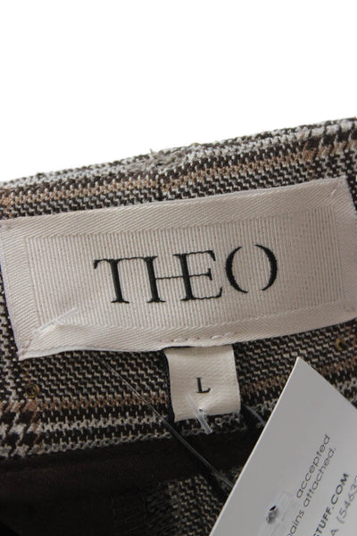 Theo Womens Cropped Plaid Pants Brown Zip Inseam 32 Size L