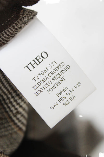 Theo Womens Cropped Plaid Pants Brown Zip Inseam 32 Size L