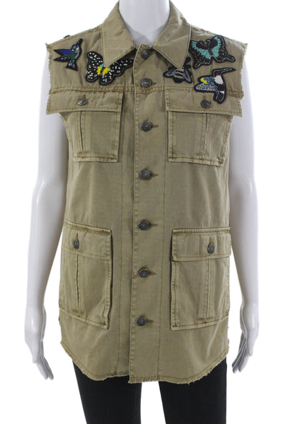 Cinq A Sept Womens Military Jacket Vest Green Cotton Button Sleeveless Size S