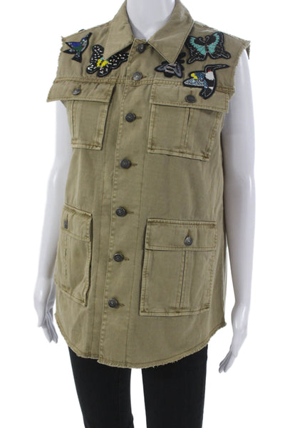 Cinq A Sept Womens Military Jacket Vest Green Cotton Button Sleeveless Size S