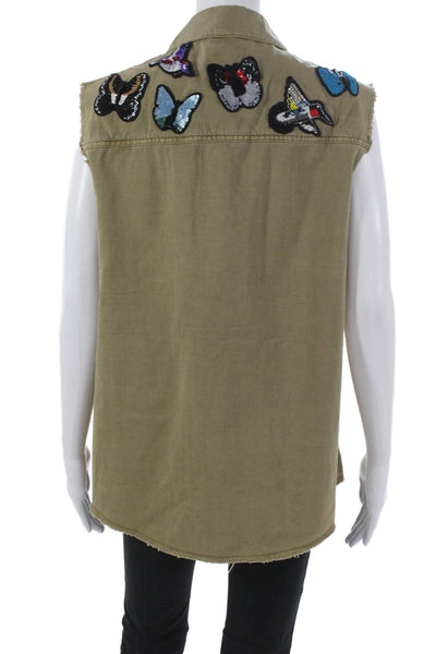 Cinq A Sept Womens Military Jacket Vest Green Cotton Button Sleeveless Size S