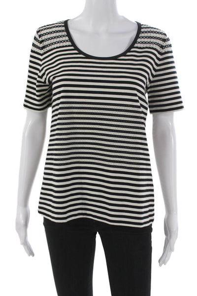 Akris Punto Women Basic Striped Black Scoop Neck Short Sleeve T-Shirt Size 12