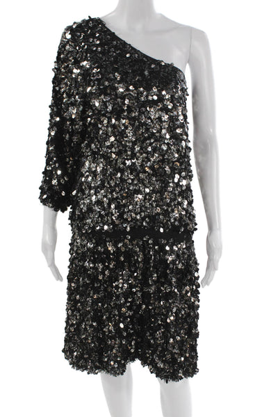 Tibi Women Black Silk One Shoulder Sequin Mini Dress 3/4 Sleeve Zip Size 12