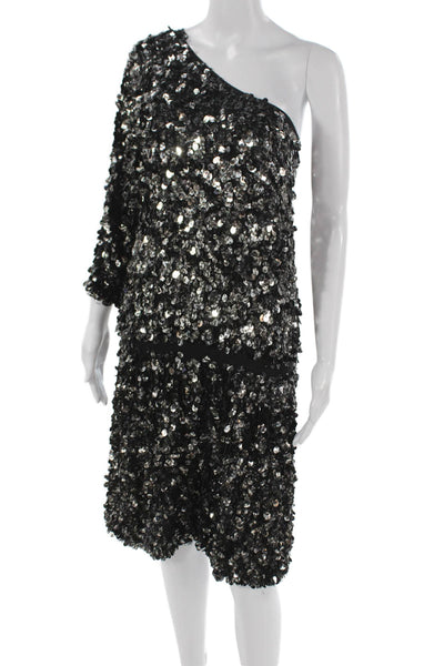 Tibi Women Black Silk One Shoulder Sequin Mini Dress 3/4 Sleeve Zip Size 12