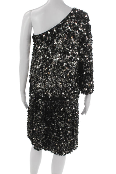 Tibi Women Black Silk One Shoulder Sequin Mini Dress 3/4 Sleeve Zip Size 12