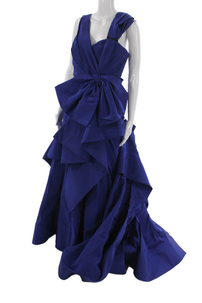 Oscar de la Renta Womens Ballgown Dress Blue V Neck Sleeveless Zip Size 10