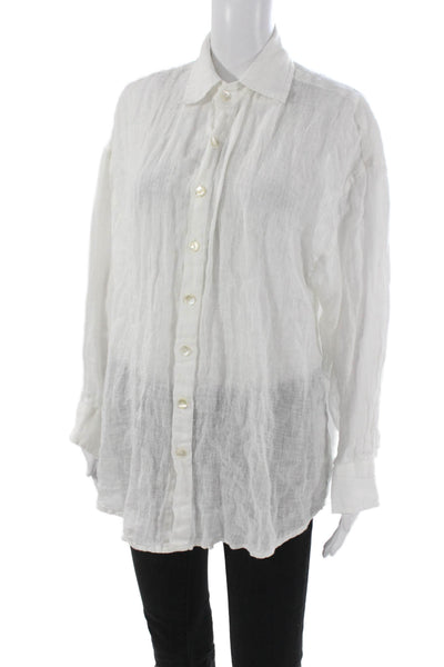 Vitamin A Womens Linen Collared Button-Up Long Sleeve White Top Size S