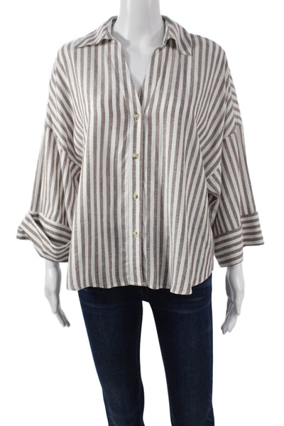 Zara Women Basic Collared Button-Up Brown 3/4 Sleeve Size XS
