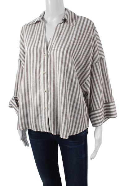 Zara Women Basic Collared Button-Up Brown 3/4 Sleeve Size XS